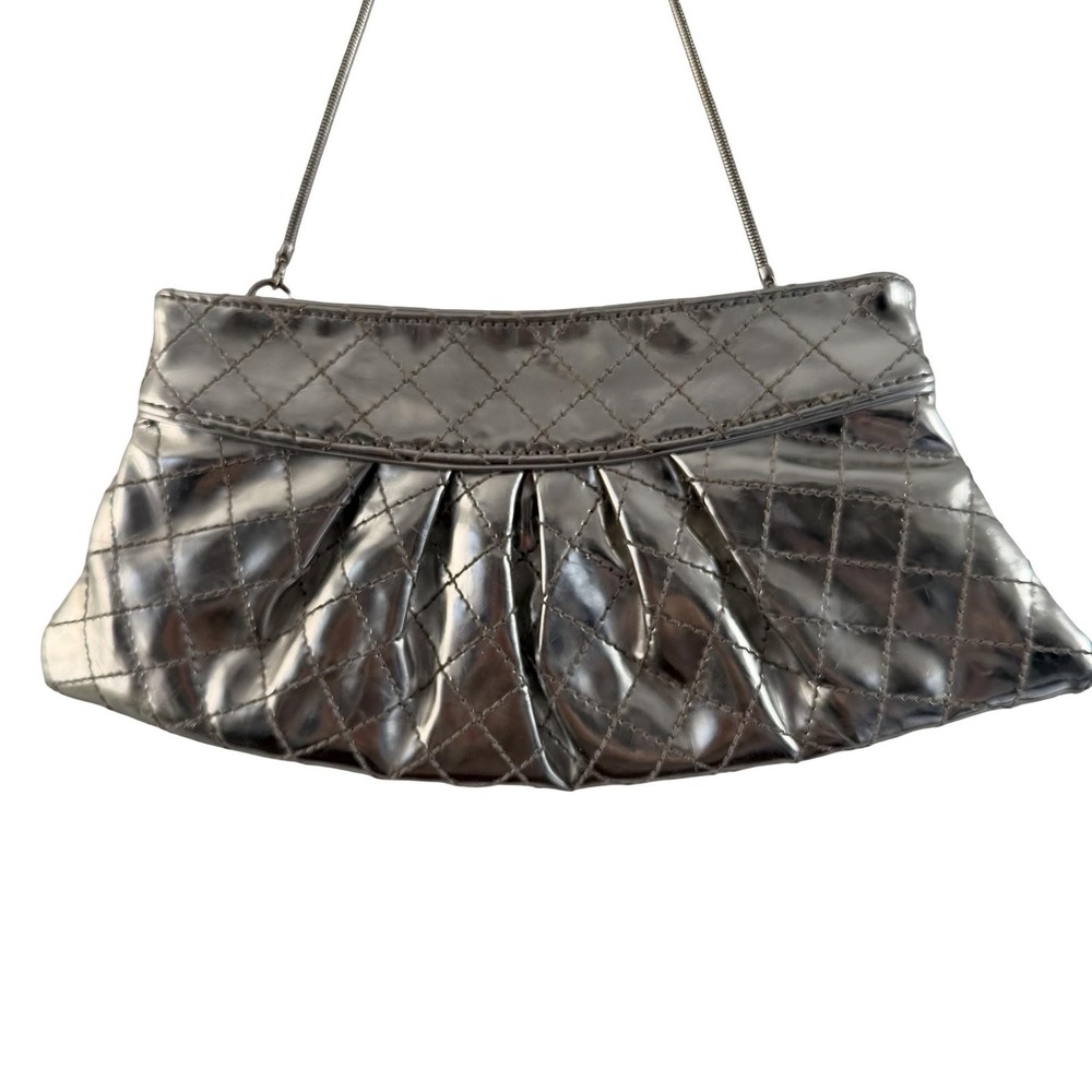 Steve Madden Quilted Shoulder Bag Womens Silver Metallic Evening Purse - Picture 2 of 15